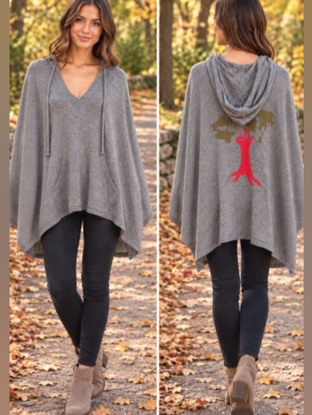 Da-Nang Gray Hooded Poncho with Red Tree Graphic
